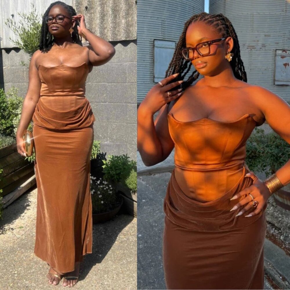 House of CB Persephone Maxi Dress Coffee Velvet Strapless Corset Size XS - Picture 11 of 13